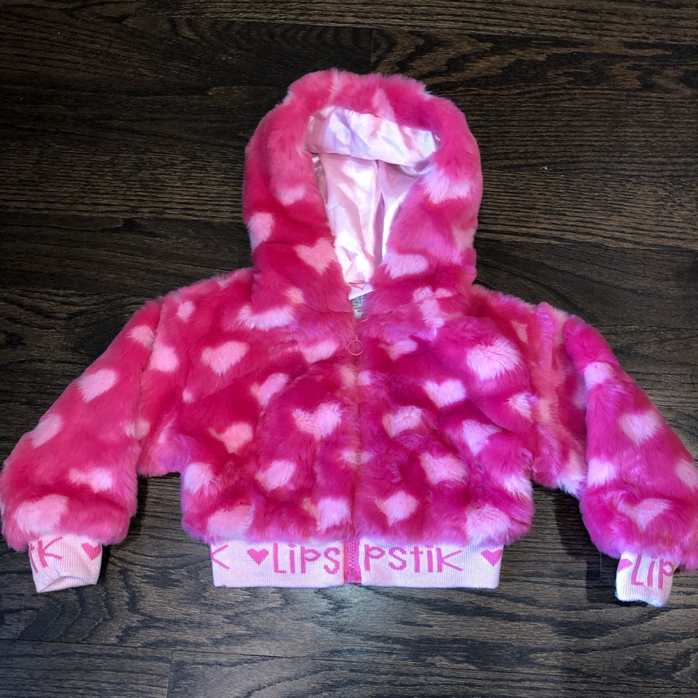 LIPSTIK girls crop faux fur hot pink jacket.
